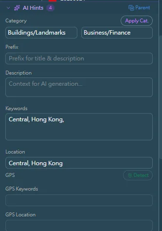 AI hints panel — set a location, prefix, category, and keywords once to guide AI metadata generation across a folder of stock photos