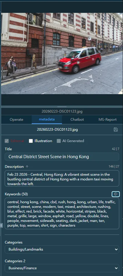 AI-generated editorial caption with auto-filled GPS location and date for a stock photo