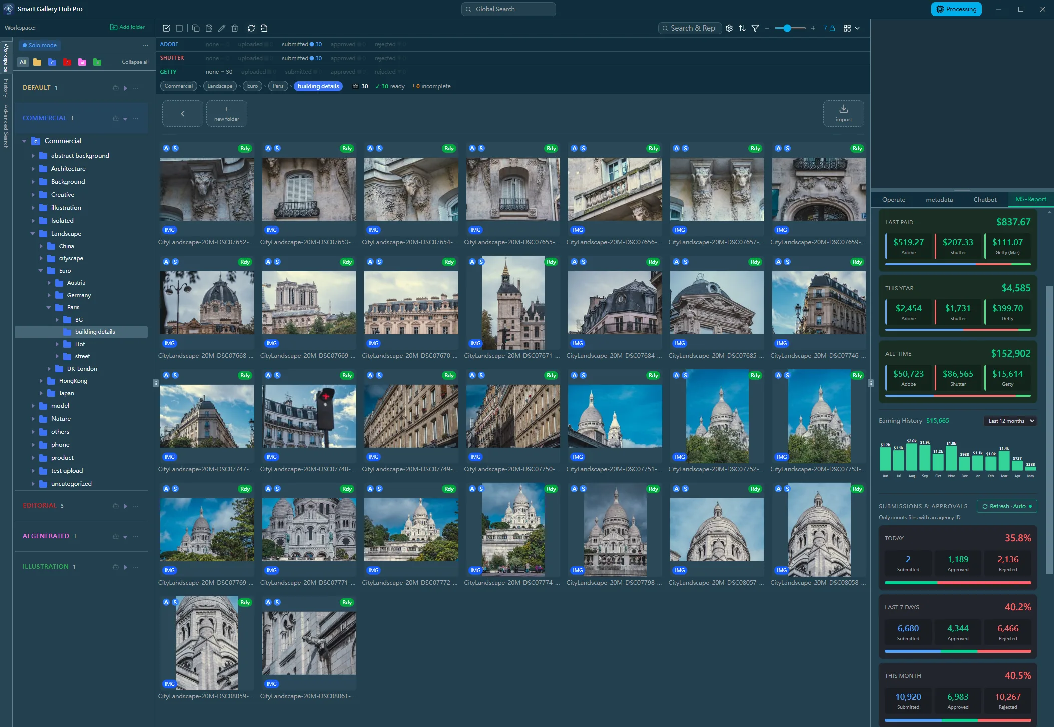 Smart Gallery Hub workspace: AI metadata for stock photos, multi-agency submission status, and monthly earnings dashboard