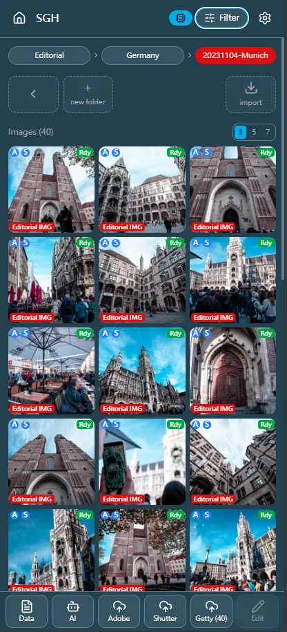 Smart Gallery Hub mobile library view — stock photo grid on a phone