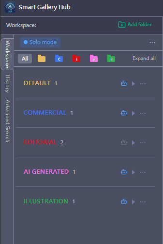 Content type folder organization — Default, Commercial, Editorial, AI Generated, Illustration